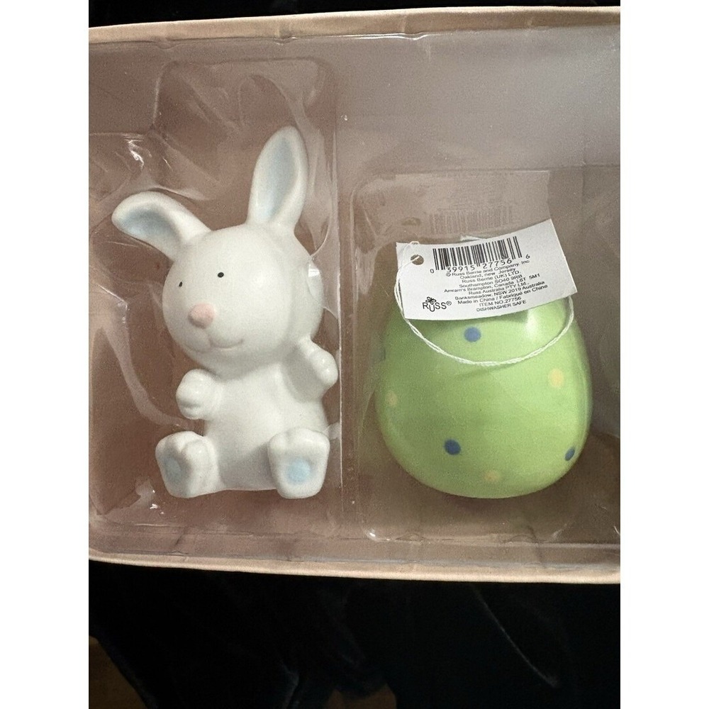Vintage Russ Berrie Easter Bunny and egg salt and pepper shakers stoneware NIB